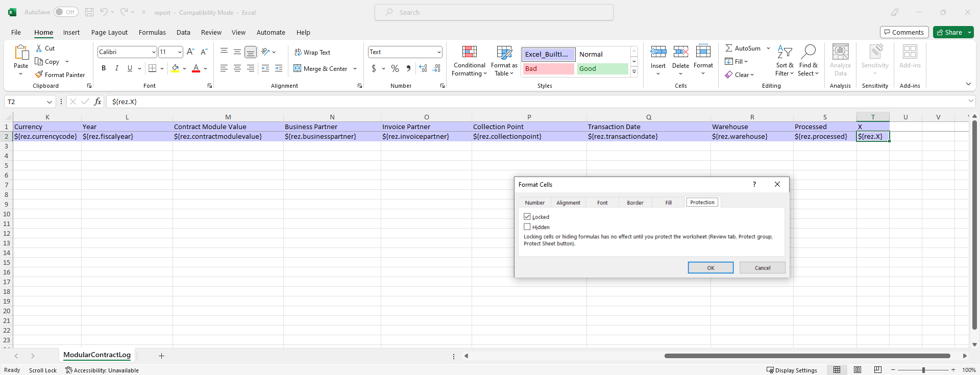 Fig.: Screenshot of the 'Format Cells...' dialog box, tab 'Protection' and ticked checkbox 'Locked'